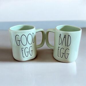 Two Rae Dunn Magenta "Good Egg/Bad Egg" Mint Green Coffee Mugs/Cups Drinkware